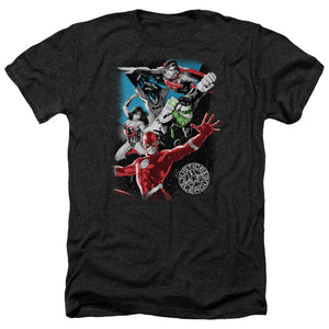 AN OFFCIALLY LICENSED JLA GALACTIC ATTACK MEN'S HEATHER T-SHIRT CHARCOAL