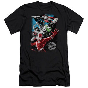 AN OFFCIALLY LICENSED JLA GALACTIC ATTACK MEN'S PREMIUM SLIM FIT T-SHIRT BLACK