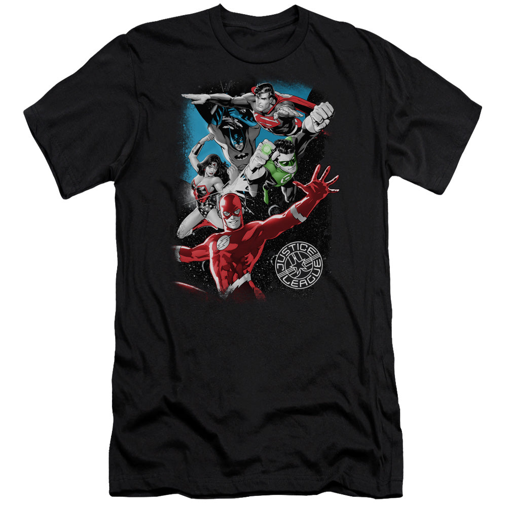 AN OFFCIALLY LICENSED JLA GALACTIC ATTACK MEN'S PREMIUM SLIM FIT T-SHIRT BLACK