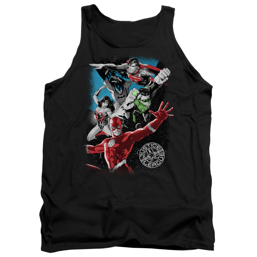 AN OFFCIALLY LICENSED JLA GALACTIC ATTACK ADULT UNISEX TANK TOP BLACK