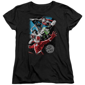 AN OFFCIALLY LICENSED JLA GALACTIC ATTACK WOMEN'S REGULAR FIT T-SHIRT BLACK
