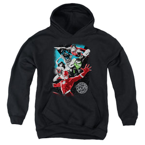 AN OFFCIALLY LICENSED JLA GALACTIC ATTACK YOUTH HOODIE BLACK