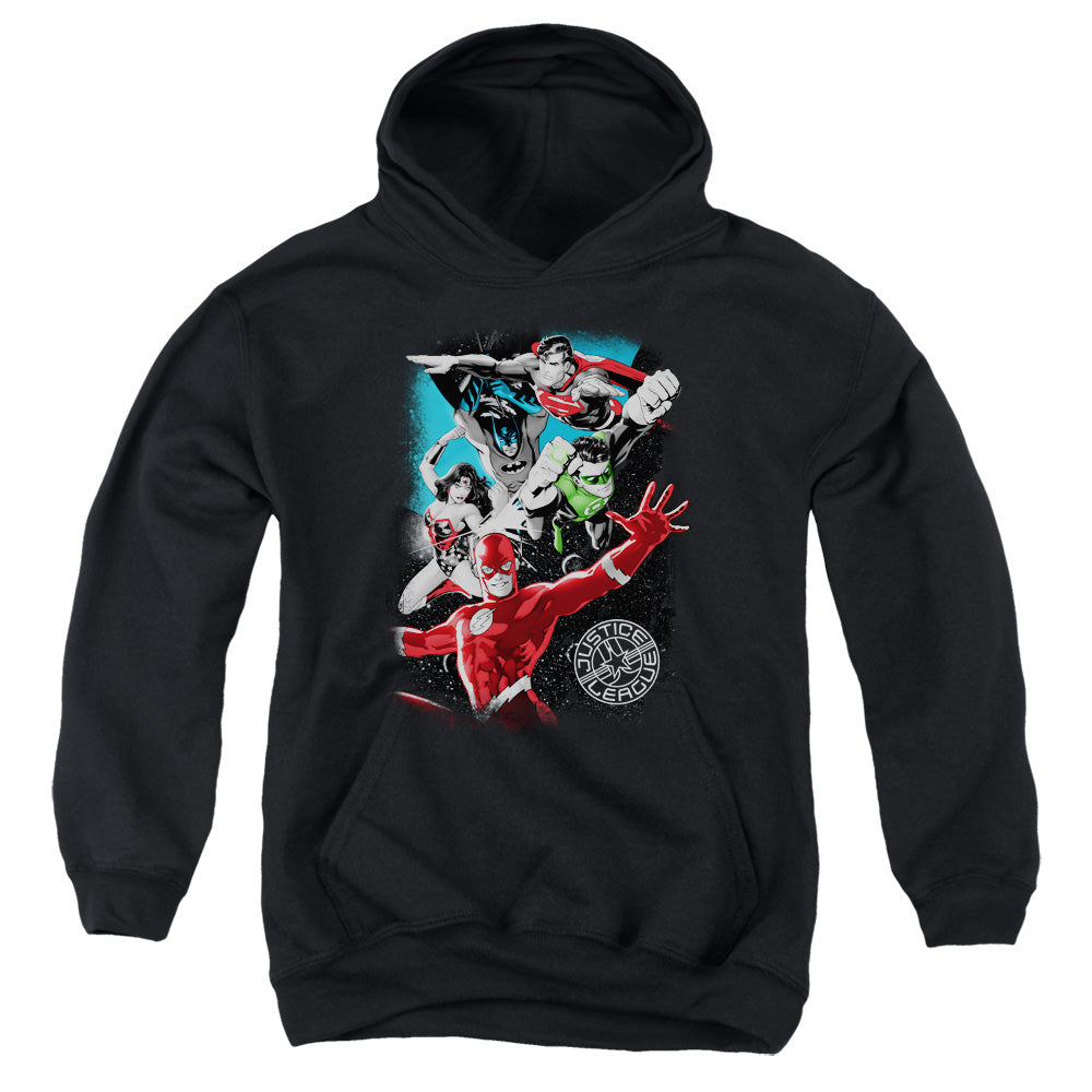 AN OFFCIALLY LICENSED JLA GALACTIC ATTACK YOUTH HOODIE BLACK