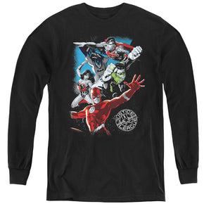 AN OFFCIALLY LICENSED JLA GALACTIC ATTACK YOUTH LONG SLEEVE T-SHIRT BLACK