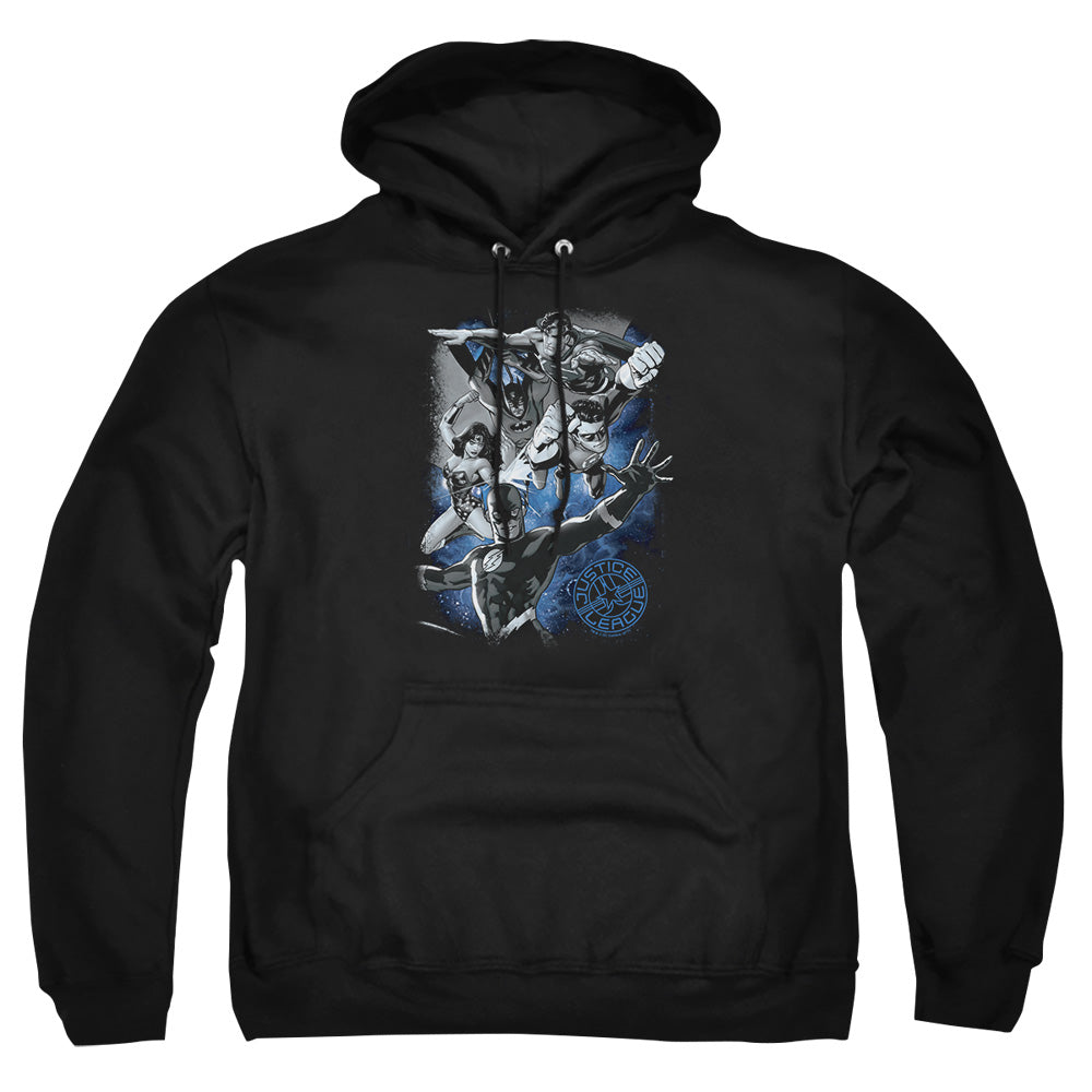 AN OFFCIALLY LICENSED JLA GALACTIC ATTACK NEBULA ADULT UNISEX PULLOVER HOODIE BLACK