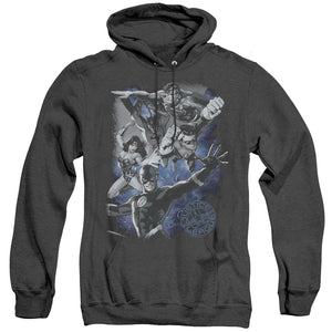 AN OFFCIALLY LICENSED JLA GALACTIC ATTACK NEBULA ADULT UNISEX HEATHER PULLOVER HOODIE BLACK