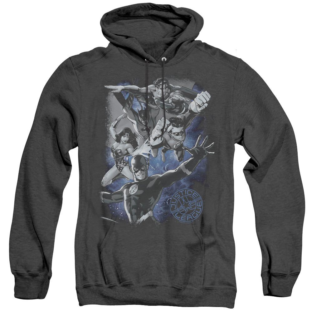 AN OFFCIALLY LICENSED JLA GALACTIC ATTACK NEBULA ADULT UNISEX HEATHER PULLOVER HOODIE BLACK
