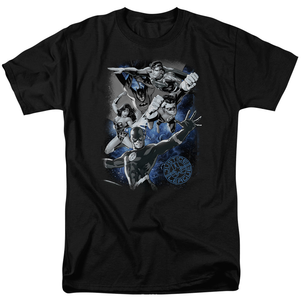 AN OFFCIALLY LICENSED JLA GALACTIC ATTACK NEBULA MEN'S REGULAR FIT T-SHIRT BLACK