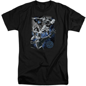 AN OFFCIALLY LICENSED JLA GALACTIC ATTACK NEBULA MEN'S TALL FIT T-SHIRT BLACK