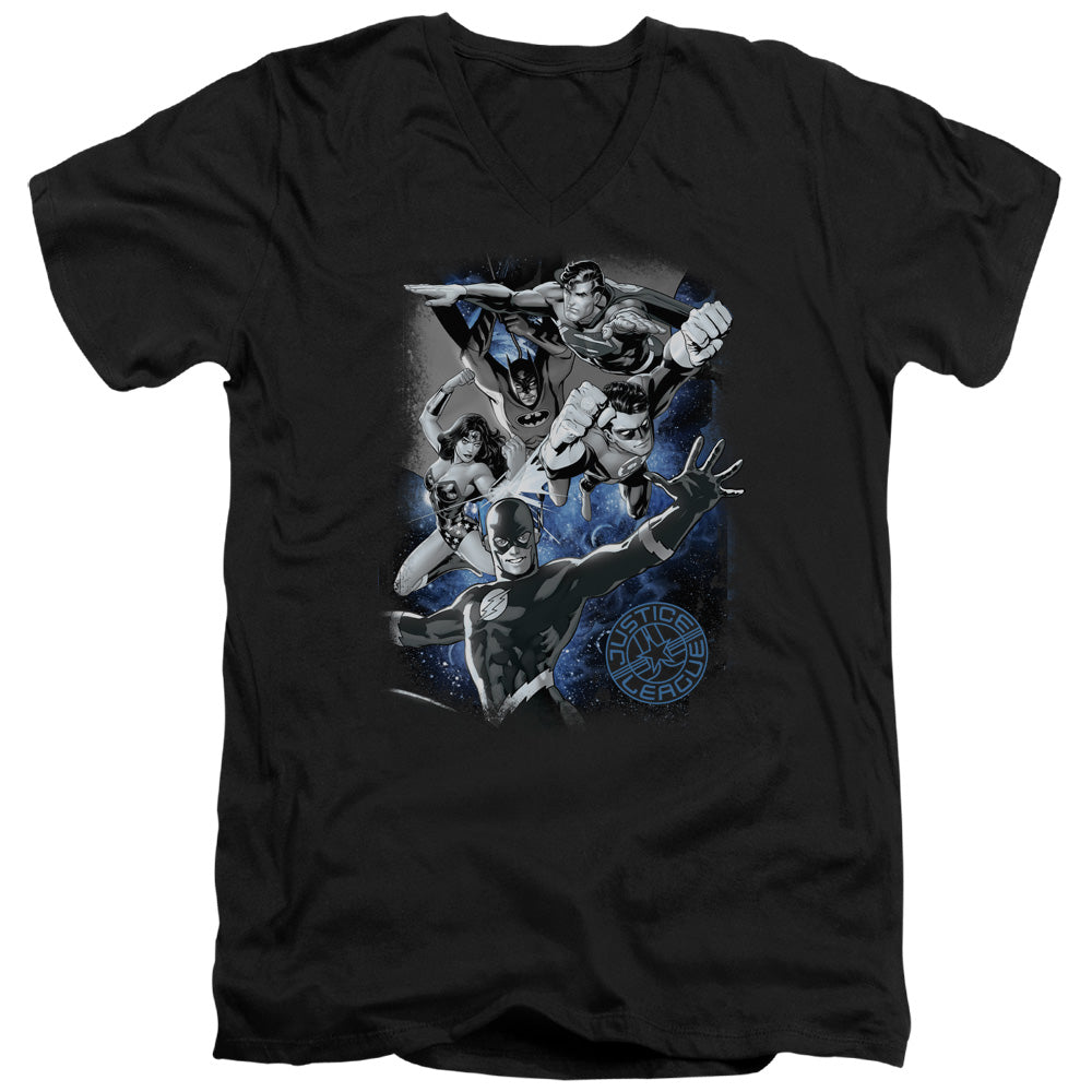 AN OFFCIALLY LICENSED JLA GALACTIC ATTACK NEBULA MEN'S V-NECK T-SHIRT BLACK