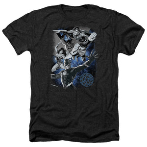 AN OFFCIALLY LICENSED JLA GALACTIC ATTACK NEBULA MEN'S HEATHER T-SHIRT CHARCOAL