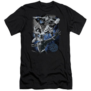 AN OFFCIALLY LICENSED JLA GALACTIC ATTACK NEBULA MEN'S PREMIUM SLIM FIT T-SHIRT BLACK