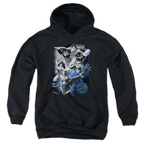 AN OFFCIALLY LICENSED JLA GALACTIC ATTACK NEBULA YOUTH HOODIE BLACK