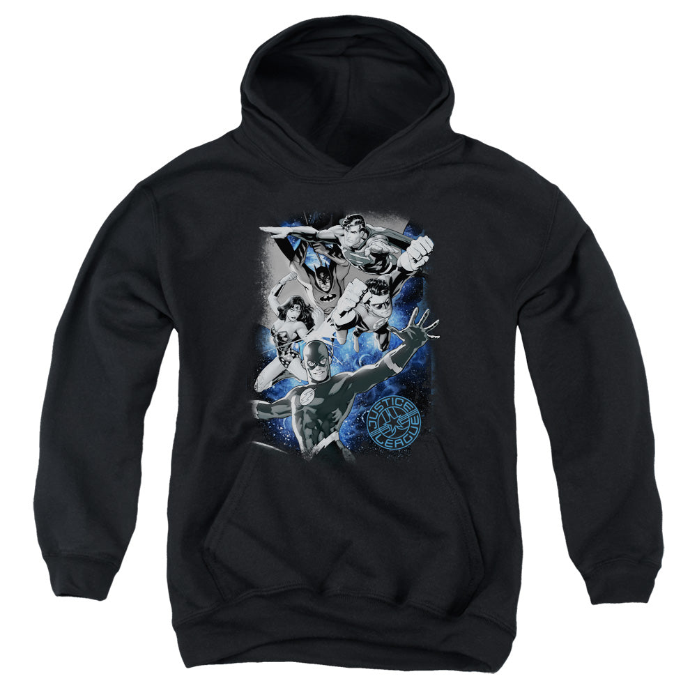 AN OFFCIALLY LICENSED JLA GALACTIC ATTACK NEBULA YOUTH HOODIE BLACK