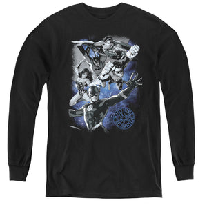 AN OFFCIALLY LICENSED JLA GALACTIC ATTACK NEBULA YOUTH LONG SLEEVE T-SHIRT BLACK