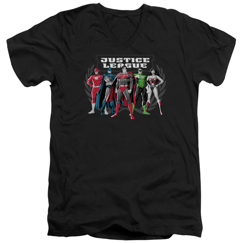 AN OFFCIALLY LICENSED JLA THE BIG FIVE MEN'S V-NECK T-SHIRT BLACK