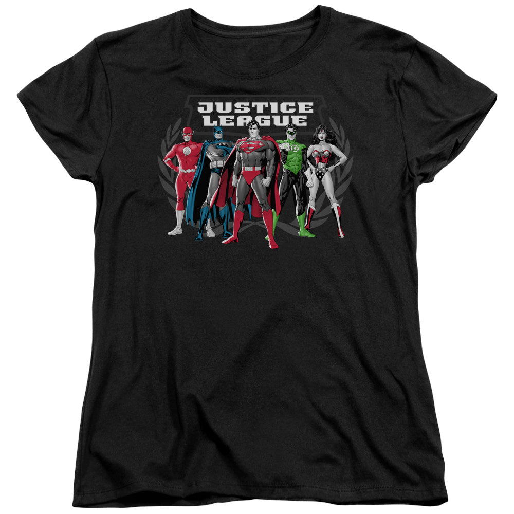 AN OFFCIALLY LICENSED JLA THE BIG FIVE WOMEN'S REGULAR FIT T-SHIRT BLACK