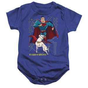 AN OFFCIALLY LICENSED DC LEAGUE OF SUPER PETS SUPER AND KRYPTO BABY BODYSUIT ROYAL