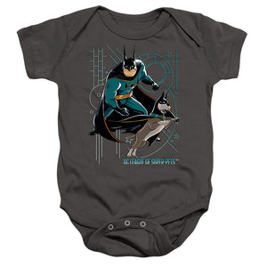 AN OFFCIALLY LICENSED DC LEAGUE OF SUPER PETS BAT AND ACE BABY BODYSUIT CHARCOAL