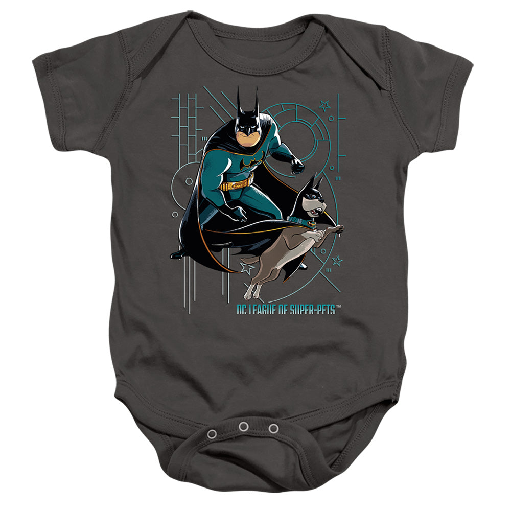 AN OFFCIALLY LICENSED DC LEAGUE OF SUPER PETS BAT AND ACE BABY BODYSUIT CHARCOAL