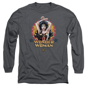 AN OFFCIALLY LICENSED JLA POWERFUL WOMAN MEN'S LONG SLEEVE T-SHIRT CHARCOAL