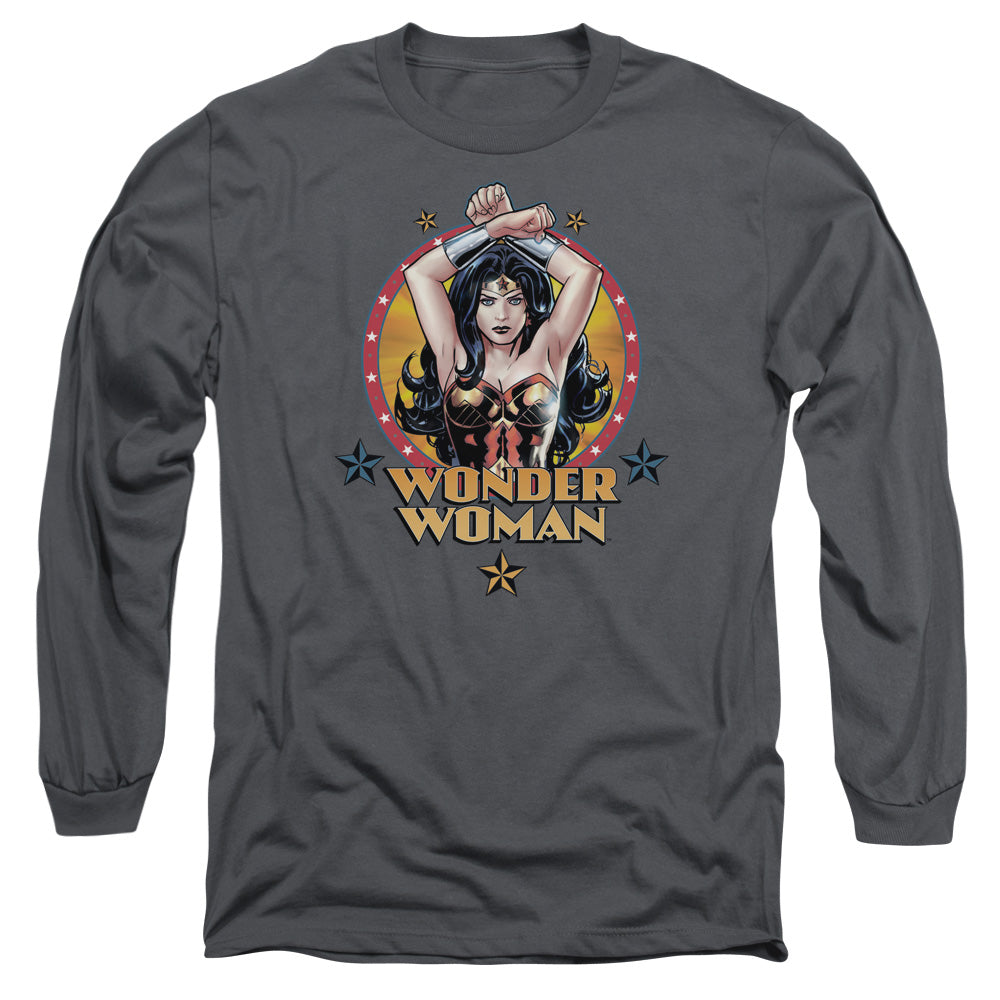 AN OFFCIALLY LICENSED JLA POWERFUL WOMAN MEN'S LONG SLEEVE T-SHIRT CHARCOAL