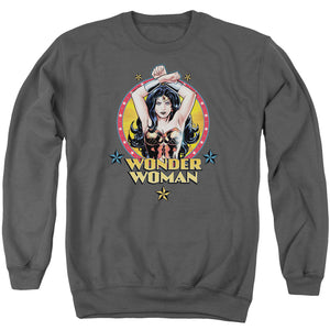 AN OFFCIALLY LICENSED JLA POWERFUL WOMAN ADULT UNISEX CREWNECK SWEATSHIRT CHARCOAL