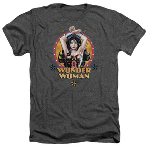 AN OFFCIALLY LICENSED JLA POWERFUL WOMAN MEN'S HEATHER T-SHIRT CHARCOAL