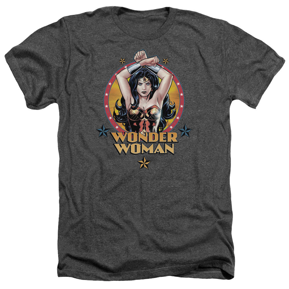 AN OFFCIALLY LICENSED JLA POWERFUL WOMAN MEN'S HEATHER T-SHIRT CHARCOAL