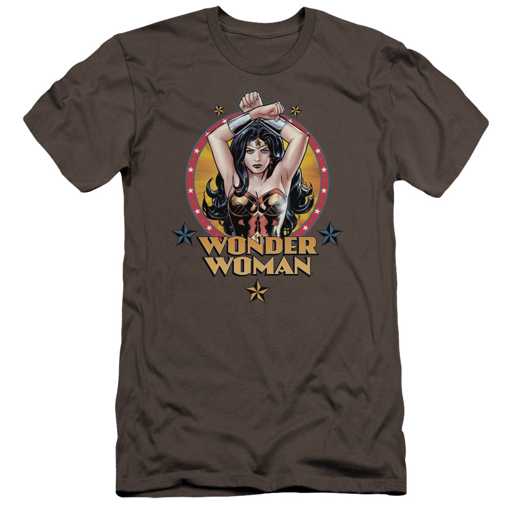 AN OFFCIALLY LICENSED JLA POWERFUL WOMAN MEN'S PREMIUM SLIM FIT T-SHIRT CHARCOAL
