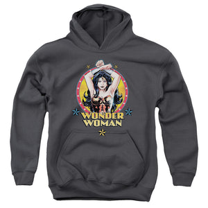 AN OFFCIALLY LICENSED JLA POWERFUL WOMAN YOUTH HOODIE CHARCOAL