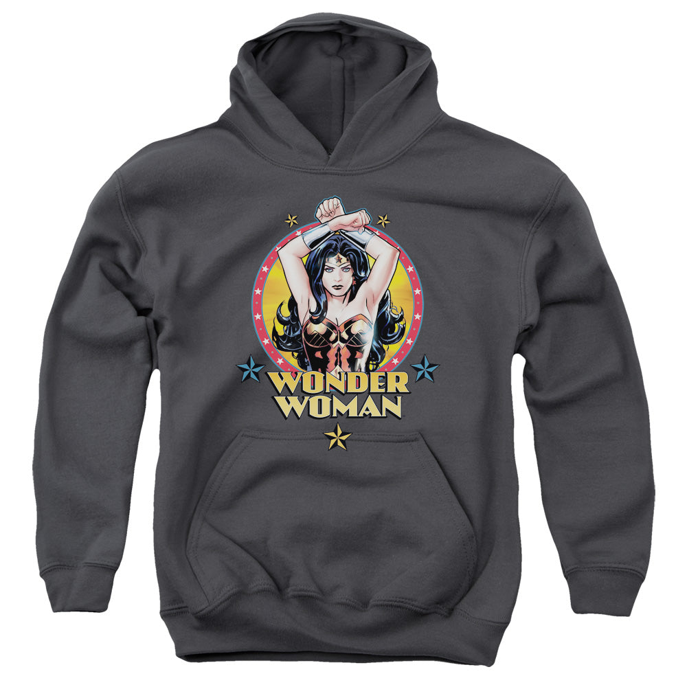 AN OFFCIALLY LICENSED JLA POWERFUL WOMAN YOUTH HOODIE CHARCOAL