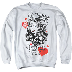 AN OFFCIALLY LICENSED JUSTICE LEAGUE CORE EVERYONE WISHES ADULT UNISEX CREWNECK SWEATSHIRT WHITE