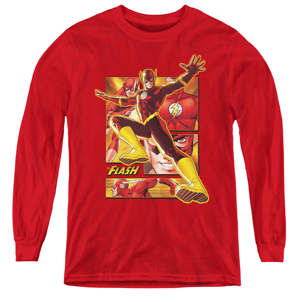 AN OFFCIALLY LICENSED JLA FLASH YOUTH LONG SLEEVE T-SHIRT RED