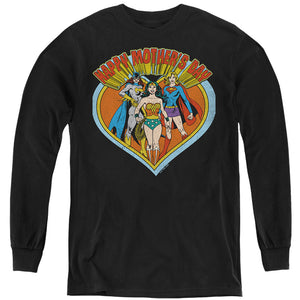 AN OFFCIALLY LICENSED JUSTICE LEAGUE JLA MOTHERS DAY HEART YOUTH LONG SLEEVE T-SHIRT BLACK