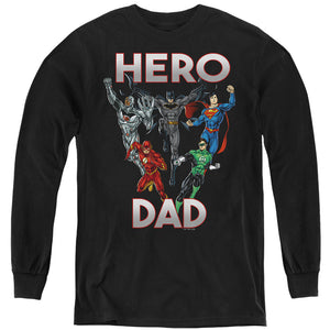 AN OFFCIALLY LICENSED JUSTICE LEAGUE HERO DAD MULTI YOUTH LONG SLEEVE T-SHIRT BLACK