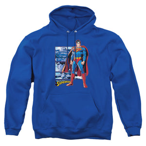 AN OFFCIALLY LICENSED JLA SUPERMAN PANELS ADULT UNISEX PULLOVER HOODIE ROYAL