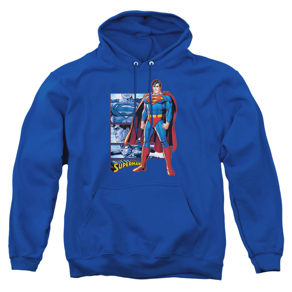 AN OFFCIALLY LICENSED JLA SUPERMAN PANELS ADULT UNISEX PULLOVER HOODIE ROYAL