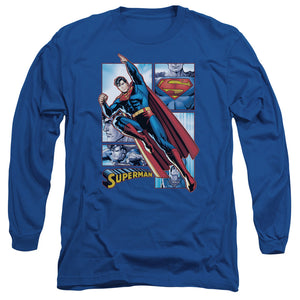 AN OFFCIALLY LICENSED JLA SUPERMAN PANELS MEN'S LONG SLEEVE T-SHIRT ROYAL