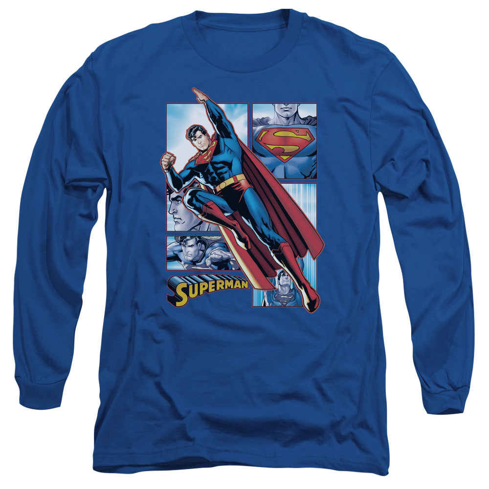 AN OFFCIALLY LICENSED JLA SUPERMAN PANELS MEN'S LONG SLEEVE T-SHIRT ROYAL
