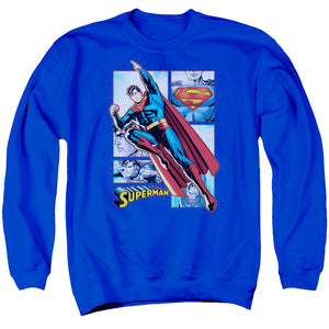 AN OFFCIALLY LICENSED JLA SUPERMAN PANELS ADULT UNISEX CREWNECK SWEATSHIRT ROYAL