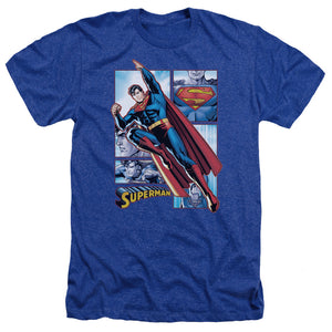 AN OFFCIALLY LICENSED JLA SUPERMAN PANELS MEN'S HEATHER T-SHIRT ROYAL