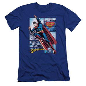 AN OFFCIALLY LICENSED JLA SUPERMAN PANELS MEN'S PREMIUM SLIM FIT T-SHIRT ROYAL