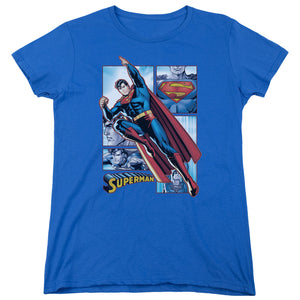 AN OFFCIALLY LICENSED JLA SUPERMAN PANELS WOMEN'S REGULAR FIT T-SHIRT ROYAL