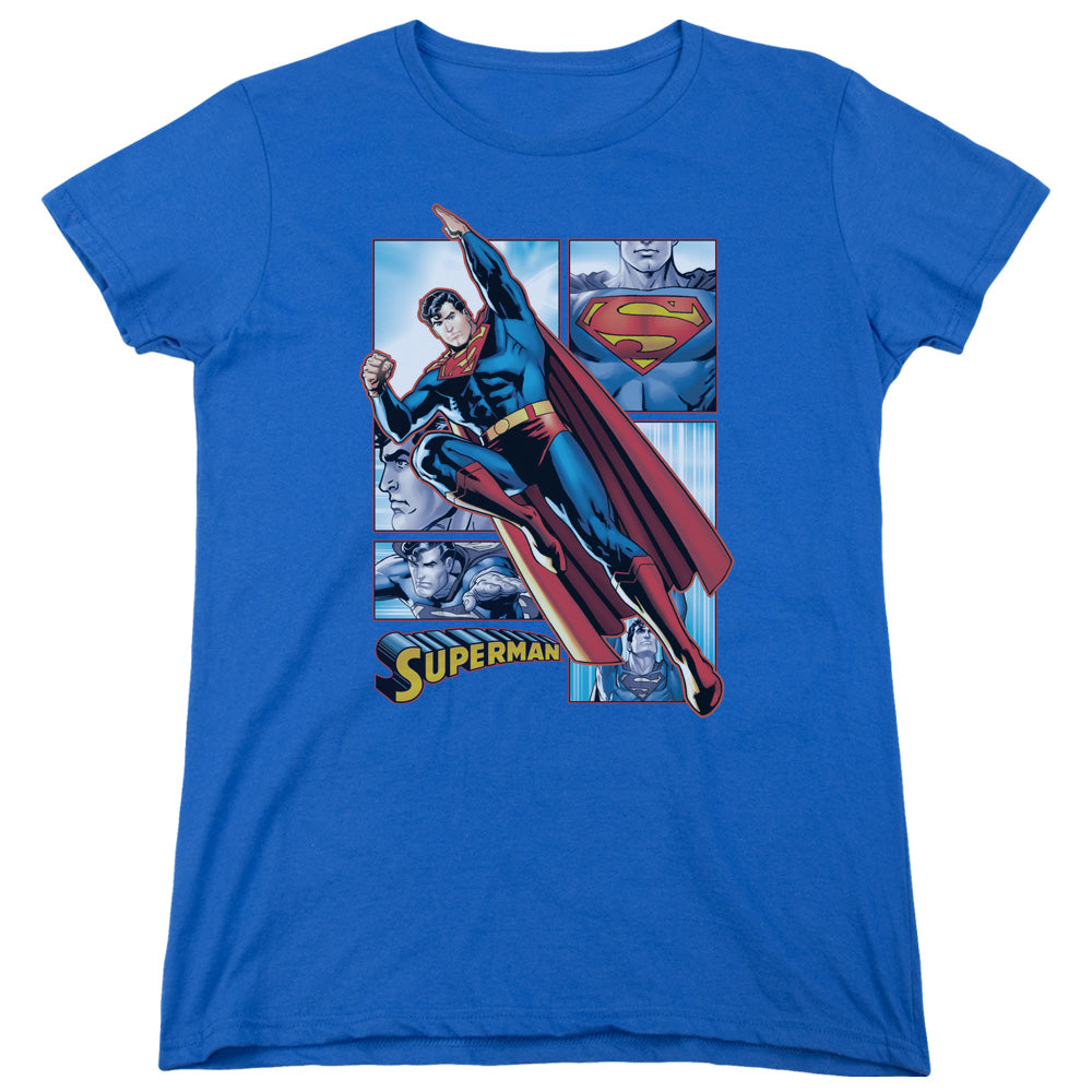 AN OFFCIALLY LICENSED JLA SUPERMAN PANELS WOMEN'S REGULAR FIT T-SHIRT ROYAL