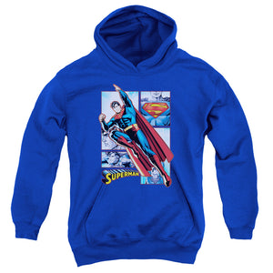 AN OFFCIALLY LICENSED JLA SUPERMAN PANELS YOUTH HOODIE ROYAL