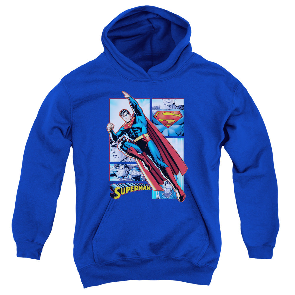 AN OFFCIALLY LICENSED JLA SUPERMAN PANELS YOUTH HOODIE ROYAL