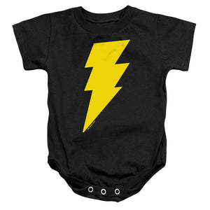 AN OFFCIALLY LICENSED JUSTICE LEAGUE BLACK ADAM BOLT BABY BODYSUIT BLACK
