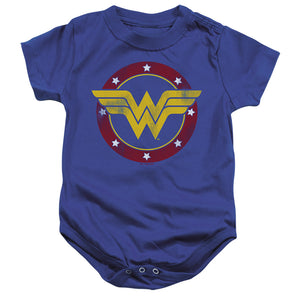 AN OFFCIALLY LICENSED JUSTICE LEAGUE WONDER WOMAN CIRCLE LOGO BABY BODYSUIT ROYAL