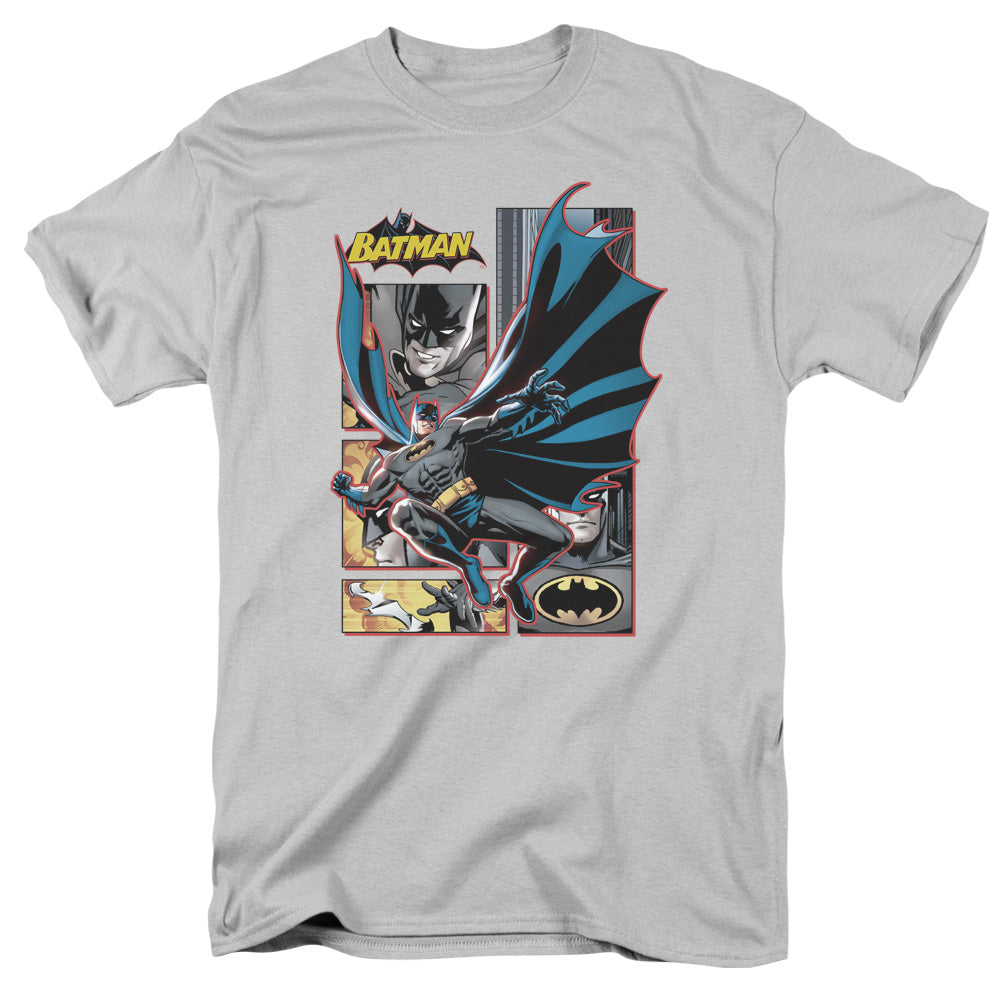AN OFFCIALLY LICENSED JLA BATMAN PANELS MEN'S REGULAR FIT T-SHIRT SILVER